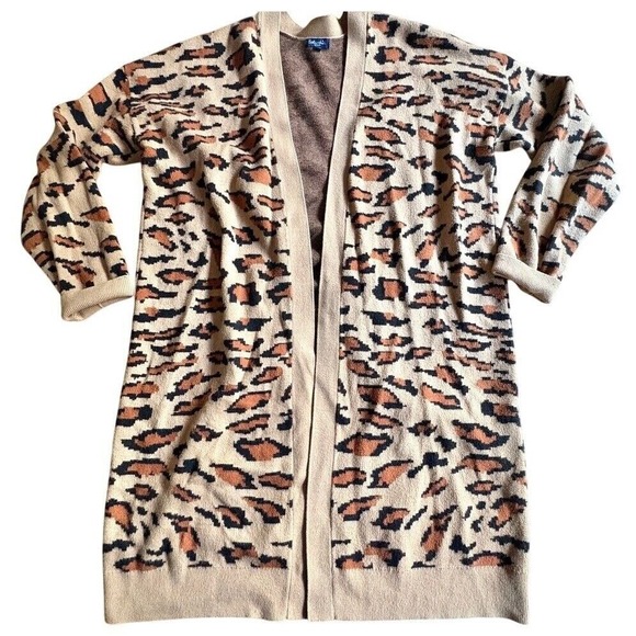 SPLENDID $168 Leopard Print Duster Cardigan, Boho Knit Sweater Tan Brown MED EUC - Picture 4 of 11